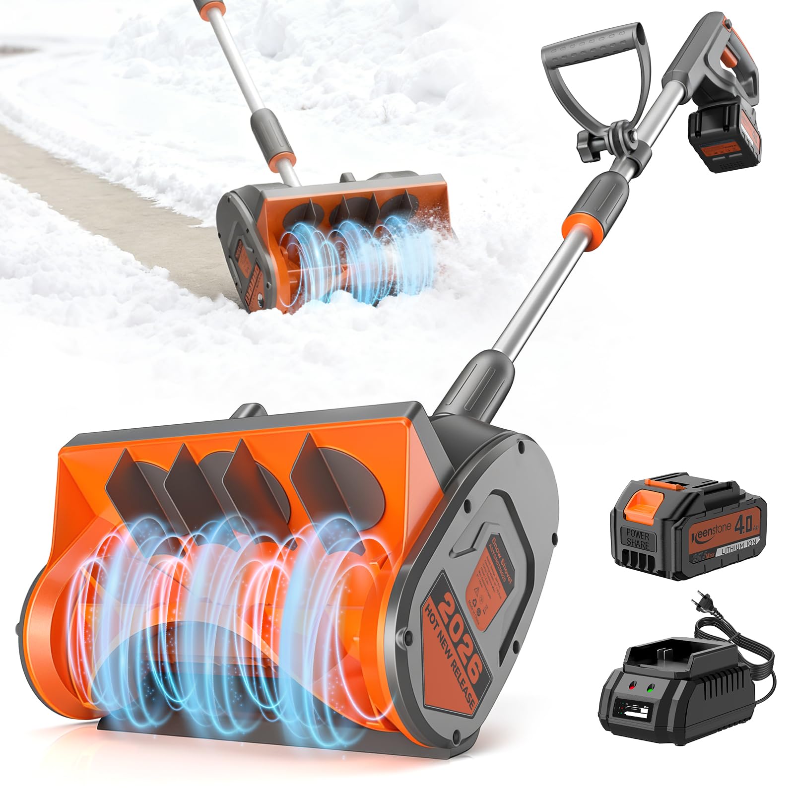 Photo 1 of 12" Cordless Electric Snow Shovel, Handles 8" Deep Snow, 21V 4.0Ah Battery & Charger, Brushless Motor, Clears 300 lbs/Min, 16 ft Throw, 8 lb Lightweight Snow Blower for Seniors & Homeowners