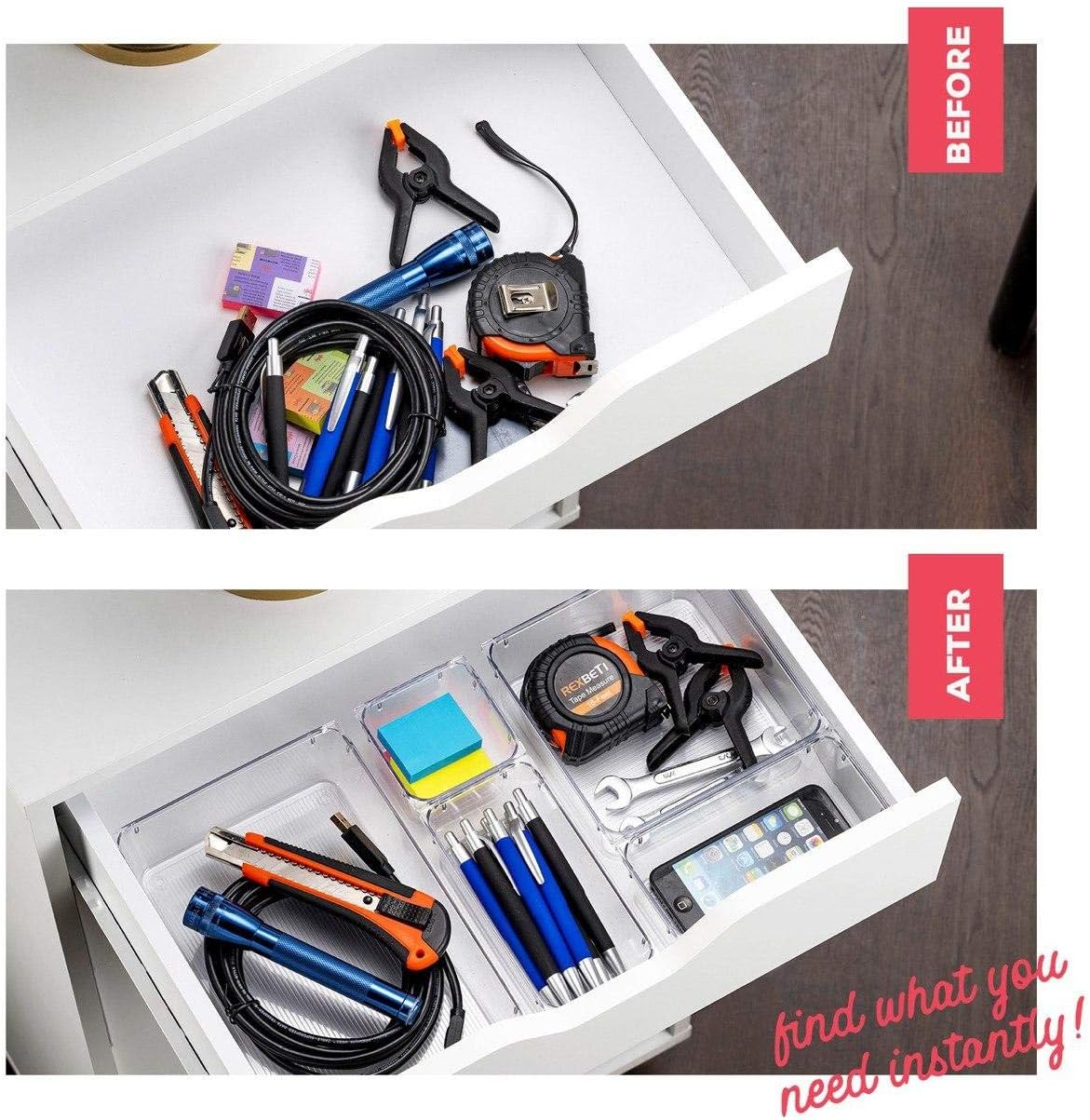 16 Pcs Drawer Organizer Set Dresser Desk Drawer Dividers - 5 Size Bathroom Vanity Cosmetic Makeup Trays - Multipurpose Clear Plastic Storage Bins for Jewelries, Kitchen Gadgets and Office Accessories: Kitchen & Dining