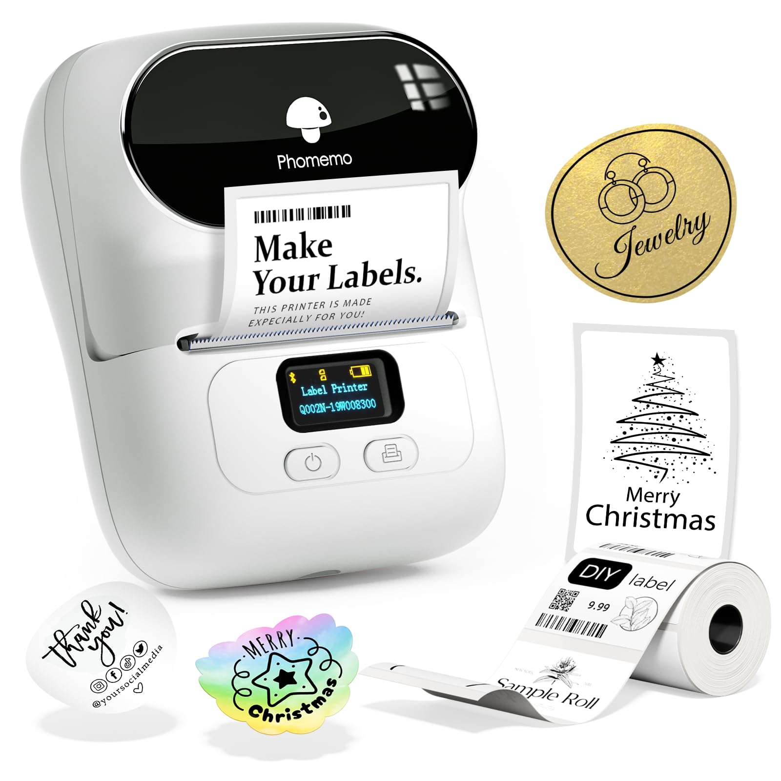 Phomemo Label Maker, Portable Wireless Thermal Label Printer, Bluetooth Label Maker Machine for iOS And Android Phone, Barcode Printer for Clothing, Jewellery, Retail, Home, with 1 Roll 40x30mm Label