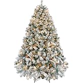 Yaheetech 6ft Pre-Lit Snow Flocked Artificial Christmas Tree, 250 Lights | White Lighted Full Xmas Tree for Holiday Decoration with 250 Warm White Lights and 820 Tips, Foldable Stand. Green &amp; White