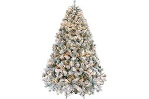 Yaheetech 6ft Snow Flocked Pre-lit Christmas Tree with 250 Warm White Lights, 820 Lush Branch Tips & Quick-Assembly Hinged Design, Full Artificial Xmas Tree for Winter Holiday Décor, Green & White