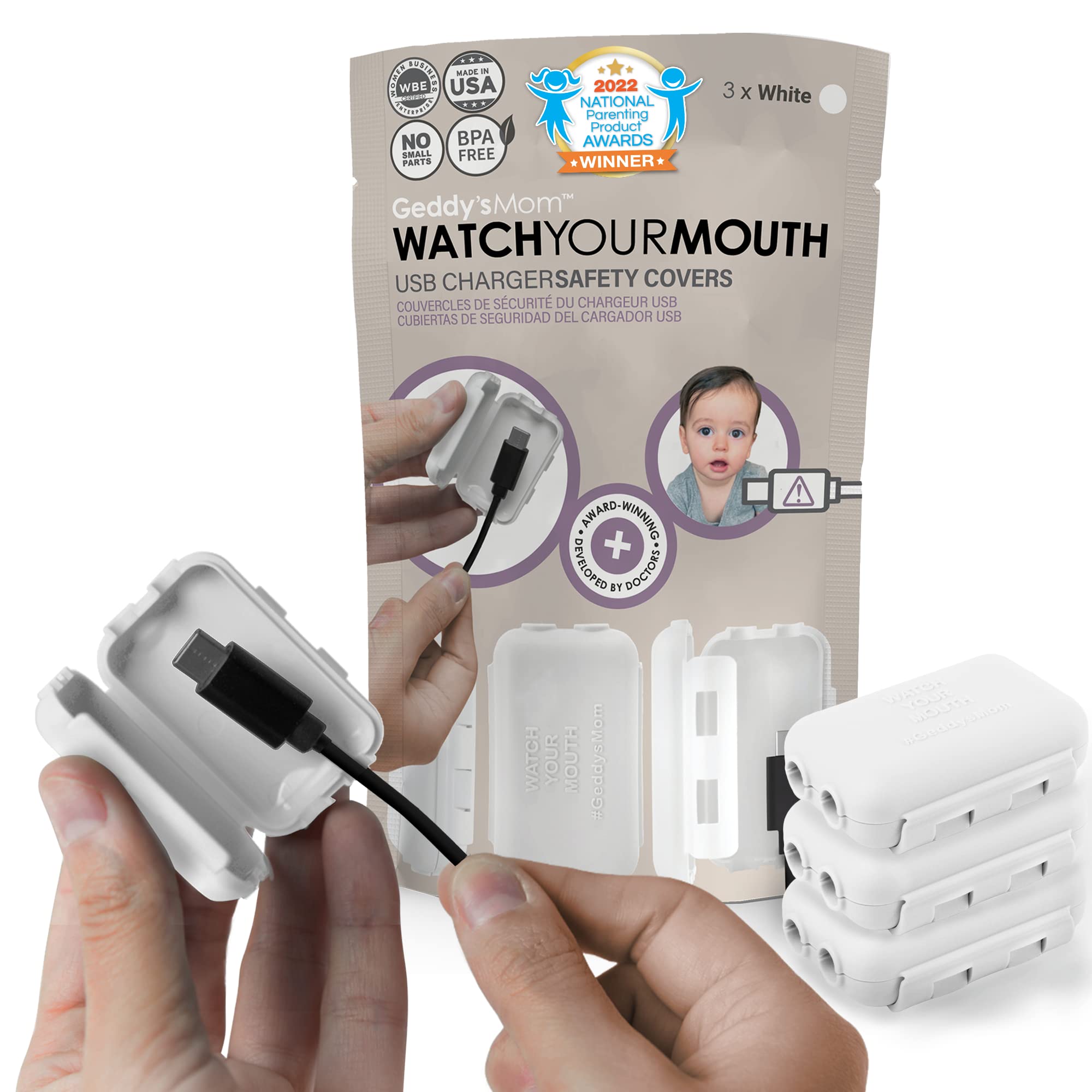Geddy´s Mom Watch Your Mouth USB Charger Protector Award-Winning Baby Proof Cord Protector| BPA & Phthalate-Free Charger Protector | Electrical Safety Baby Products (3-Pack, White)