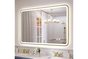S'bagno 40''x28'' Gold LED Bathroom Mirror, Front & Backlit Lighted Vanity Mirror with Metal Frame, Anti-Fog, Stepless Dimmin