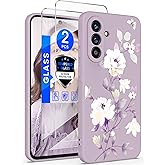 Yucenx for Samsung Galaxy A36 5G Case with 2X Screen Protector, Girls Women Florals Liquid Silicone Phone Case, Shockproof Anti-Scratch Soft Protection Case for Galaxy A36 5G (Purple, A36)