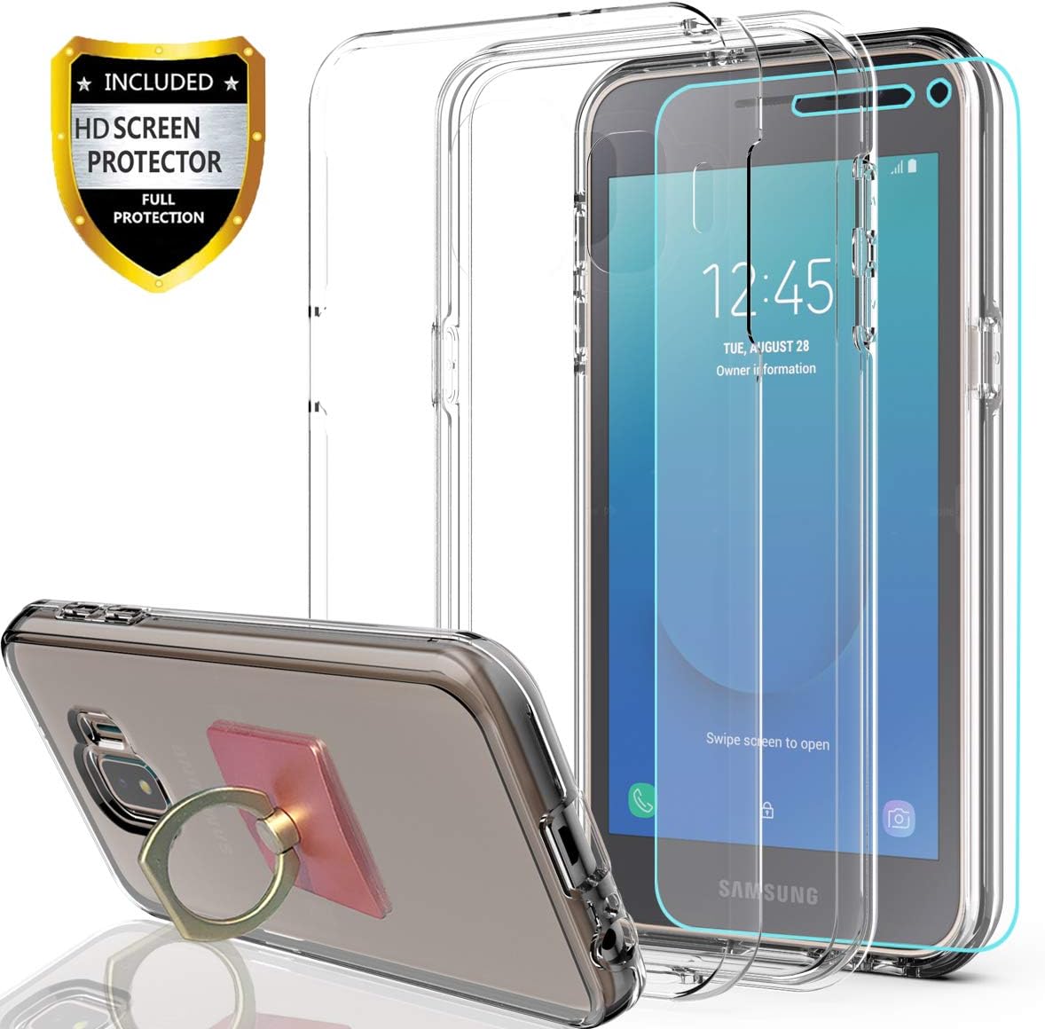 Galaxy J2 Core/Bench / J2 Dash / J2 Pure Case with HD Screen Protector with Phone Ring Holder,YmhxcY [Hard PC Back and TPU Dual-Layer Clear] Protective Cover for Galaxy J2 2019(5.0")-JM Clear