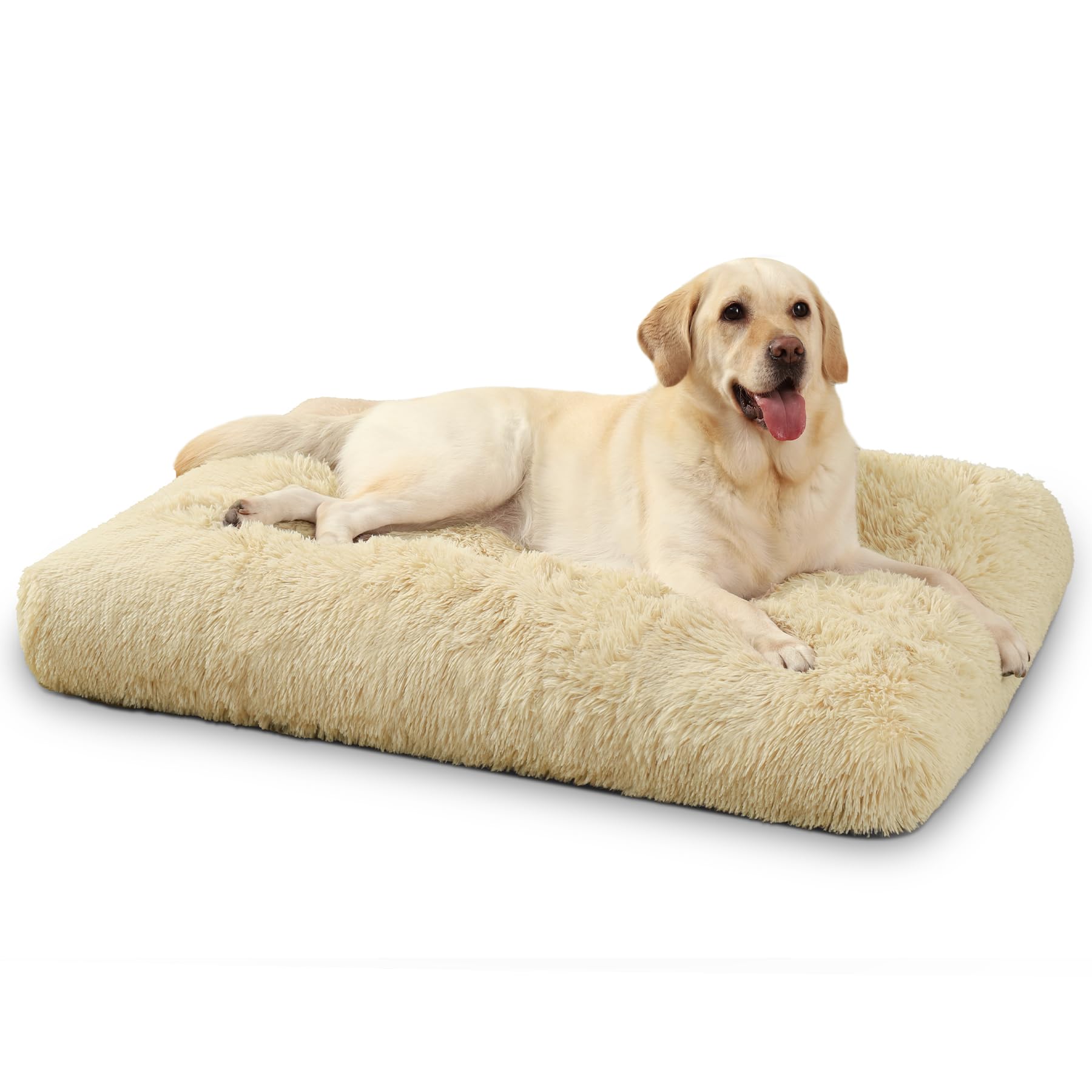 KSIIA Calming Dog Crate Bed Large, Fluffy Washable Mattress, Long Plush Anti Anxiety Mat, Non Skid Bottom Dog Pillow Cushion, Pet Beds Beige 90x60cm