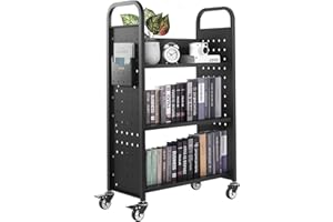 VEVOR Rolling Library Book Cart, 330 lbs Capacity, 30.3 x 15 x 48.0-Inch Library Cart, Single Sided L-Shaped Shelves with 3-Inch Lockable Wheels, Book Truck for Home Shelves Office and School, Black