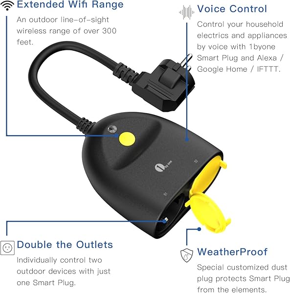 1byone Enchufe inalmbrico para exterior 1 BY ONE resistente al agua enchufe exterior WiFi con 2 salidas control remoto de aplicacin Smart Home Plug compatible con Alexa Google Home e IFTTT