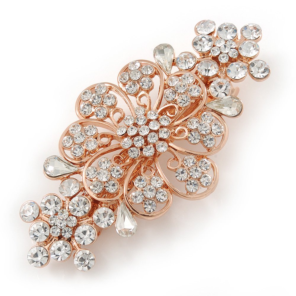 Medium Rose Gold Tone Filigree Diamante Floral Barrette Hair Clip Grip - 70mm Across