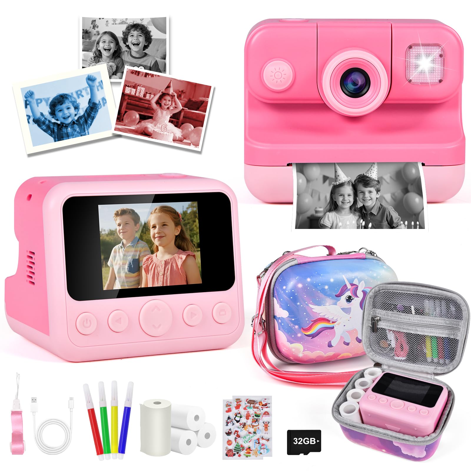 Photo 1 of Elecoutek Kids Instant Print Camera with Carrying Bag, 1080P HD Girl Camera with 4 Print Paper Rolls, Color Pens & 32GB Card, Christmas Birthday Gifts Kids Girl Toys for 3-12 Years Old (Pink)