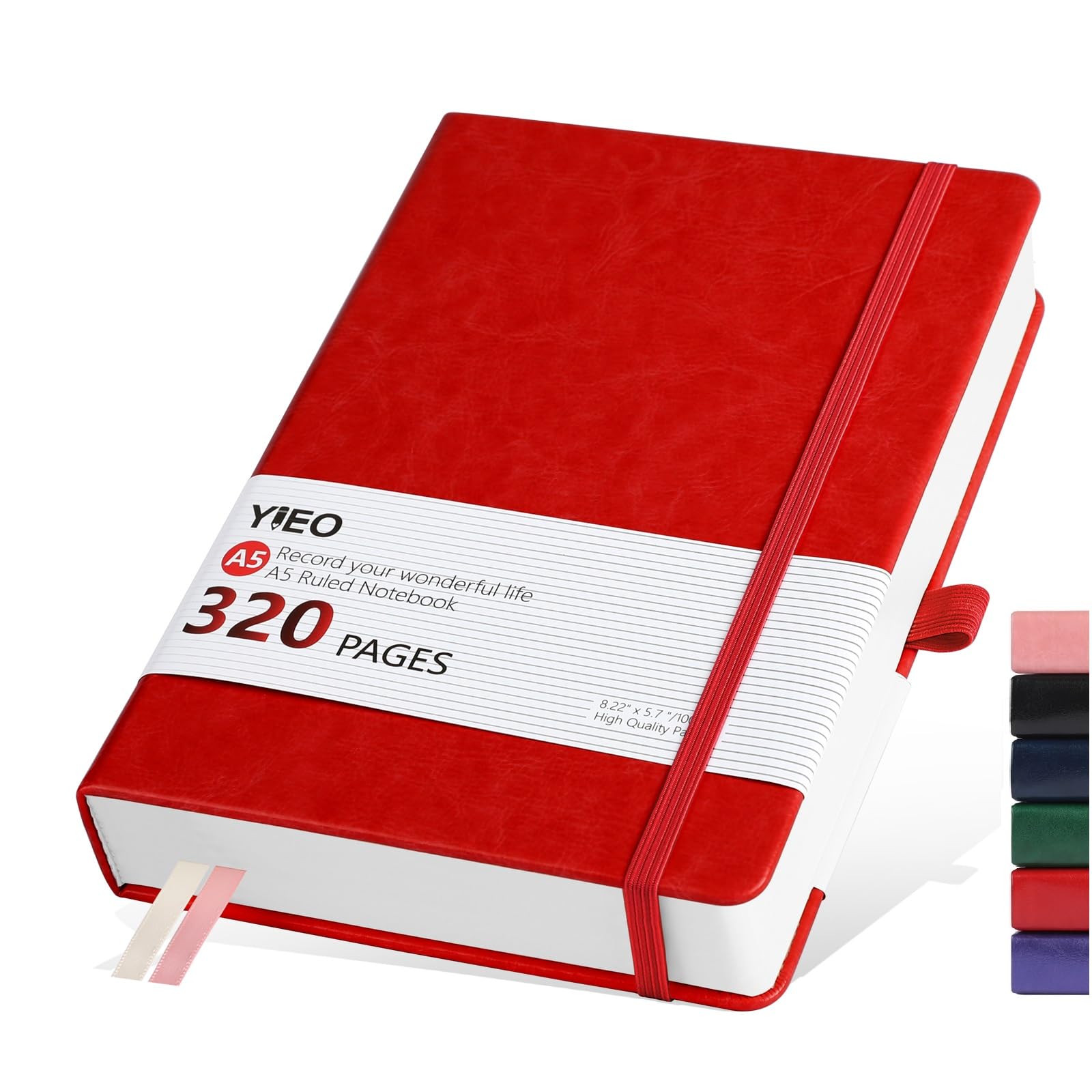 Notebook A5, Hardback A5 Notebook Thick Journal Notebook 320 Pages 100GSM A5 Lined Note Book Hardcover Notepad with Inner Pocket, Pen Loop, Elastic Closure and 2 Ribbon Page Marker,14.5 x 21cm-Red