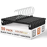 HOUSE DAY Black Pants Hangers 50 Pack, 12 Inch Skirt Hangers with Non-Slip Big Clips and 360° Swivel Hook, Heavy Duty Slim Plastic Pant Hanger, Space Saving Clip Hanger for Pants, Skirts, Shorts