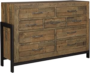 Ashley Furniture Signature Design - Sommerford Dresser - Casual - 9 Drawers - Light Grayish Brown Finish Reclaimed Wood - Silver/Bronze Hardware/Legs