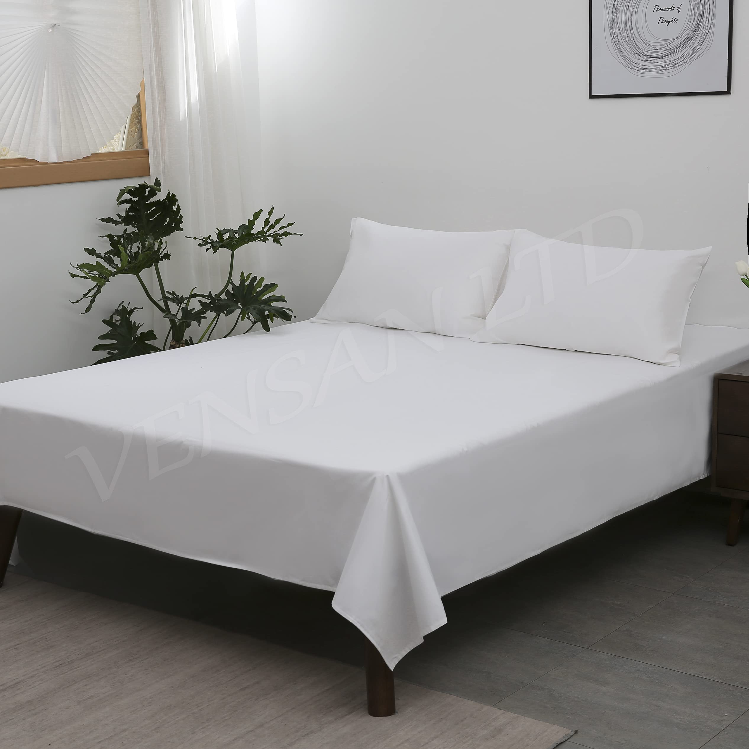 Vensan Flat Bedding Sheet, Size Double. 100% Cotton Satin, 300 Thread Count, White, Soft, Silky, and Breathable Natural, 5 Star Hotel Quality.