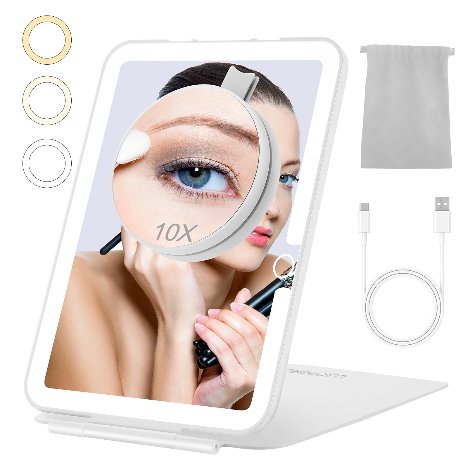 Rechargeable Travel Makeup Mirror with Lights and10x Magnification, 70 LEDs 3 Color Lights, Desk Foldable Beauty Mirror, Portable Lighted Mirror with Carrying Case