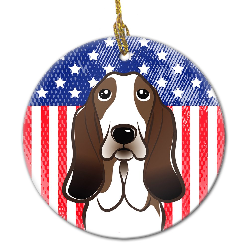 Caroline's Treasures BB2173CO1 American Flag and Basset Hound Ceramic Ornament, 3 in, Multicolor