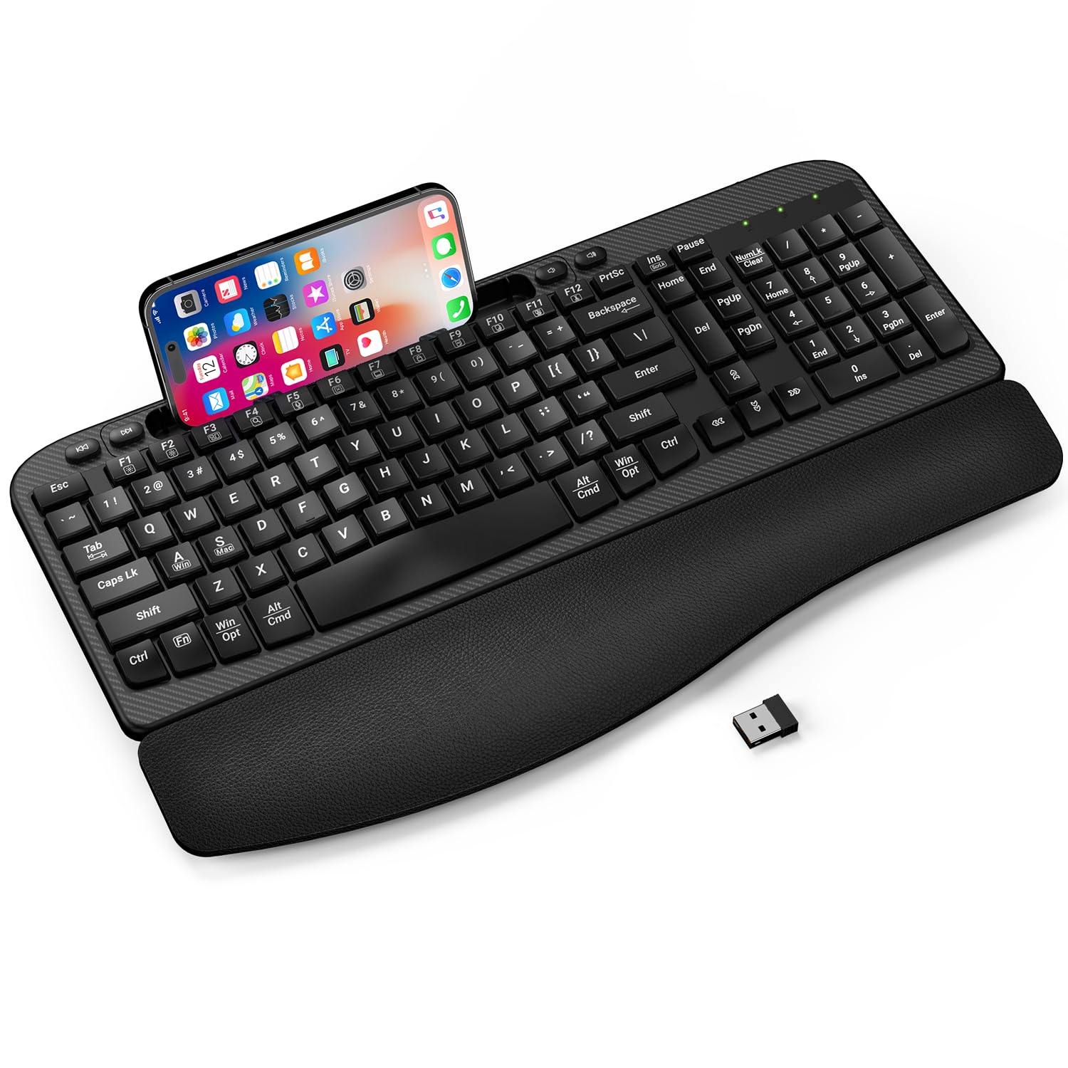 Photo 1 of Ergonomic Wireless Keyboard with Cushioned Wrist Rest, Wave Keys, Phone Holder, Comfortable Natural Typing, 2.4GHz Full Size Cordless USB Computer Keyboard for Windows, Mac OS, Laptop, PC (Black)