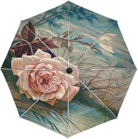 Amazon Com Wamika Automatic Umbrella Rose Moon Tree Flowers Windproof Compact Ocean Lake Travel Sun Rain Outdoor Umbrella Garden Outdoor