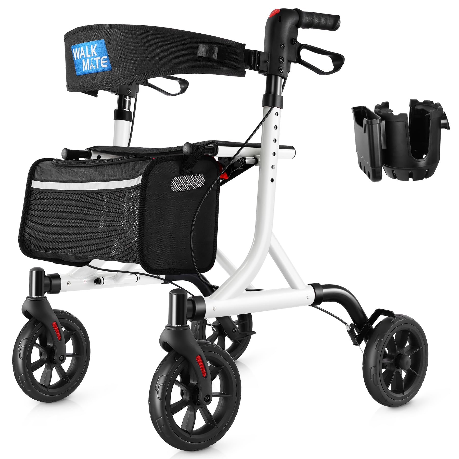 WALK MATE Rollator Walker for Seniors with Cup Holder, Upgraded Thumb Press Button for Height Adjustment, 4 x 8 Wheels Walker with Seat Padded Backrest Folding Lightweight Walking Aid, White