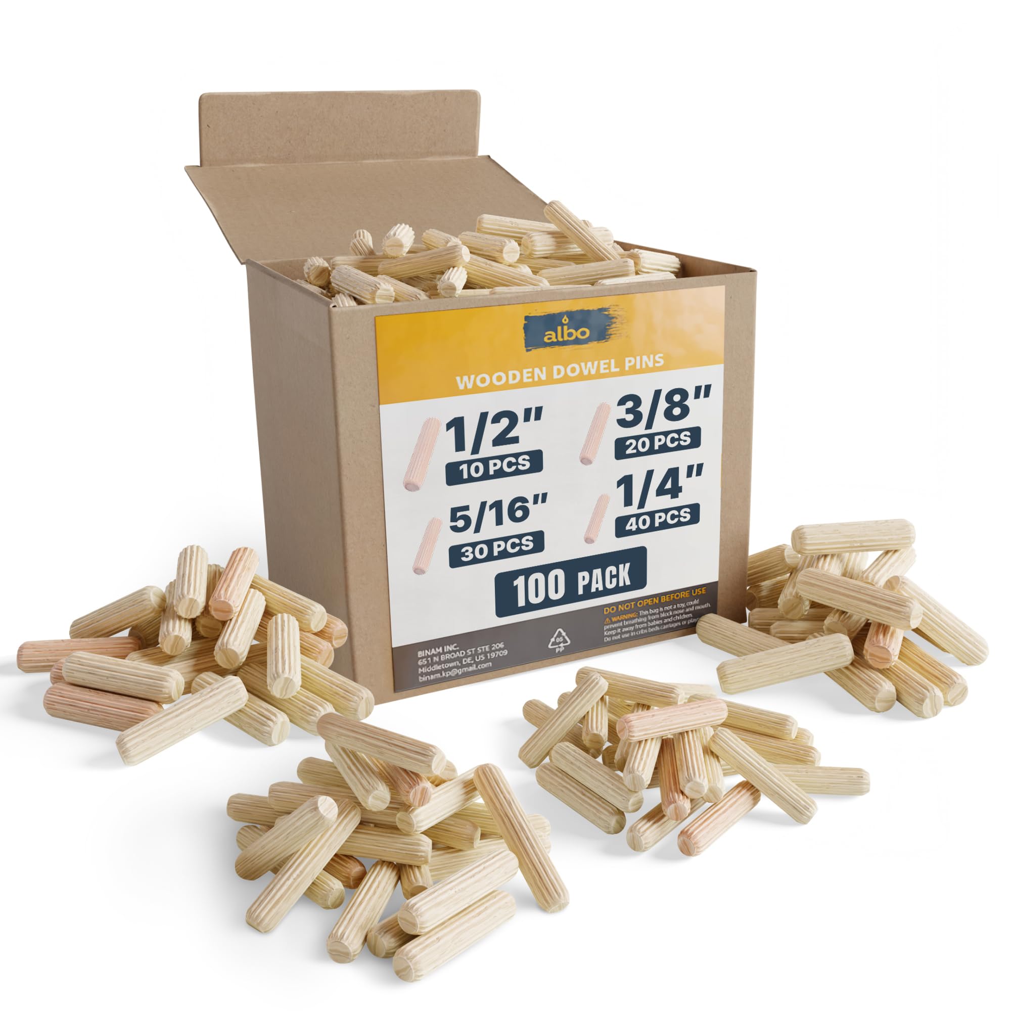 ALBO Wooden Dowel Pins 100 Pack Assorted Sizes 1/2