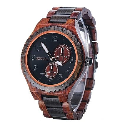BEWELL 154A Herren-Multifunktions-Armbanduhr Analoge japanische Quarzwerk mit Sandelholz-Uhrenarmband mit Datum