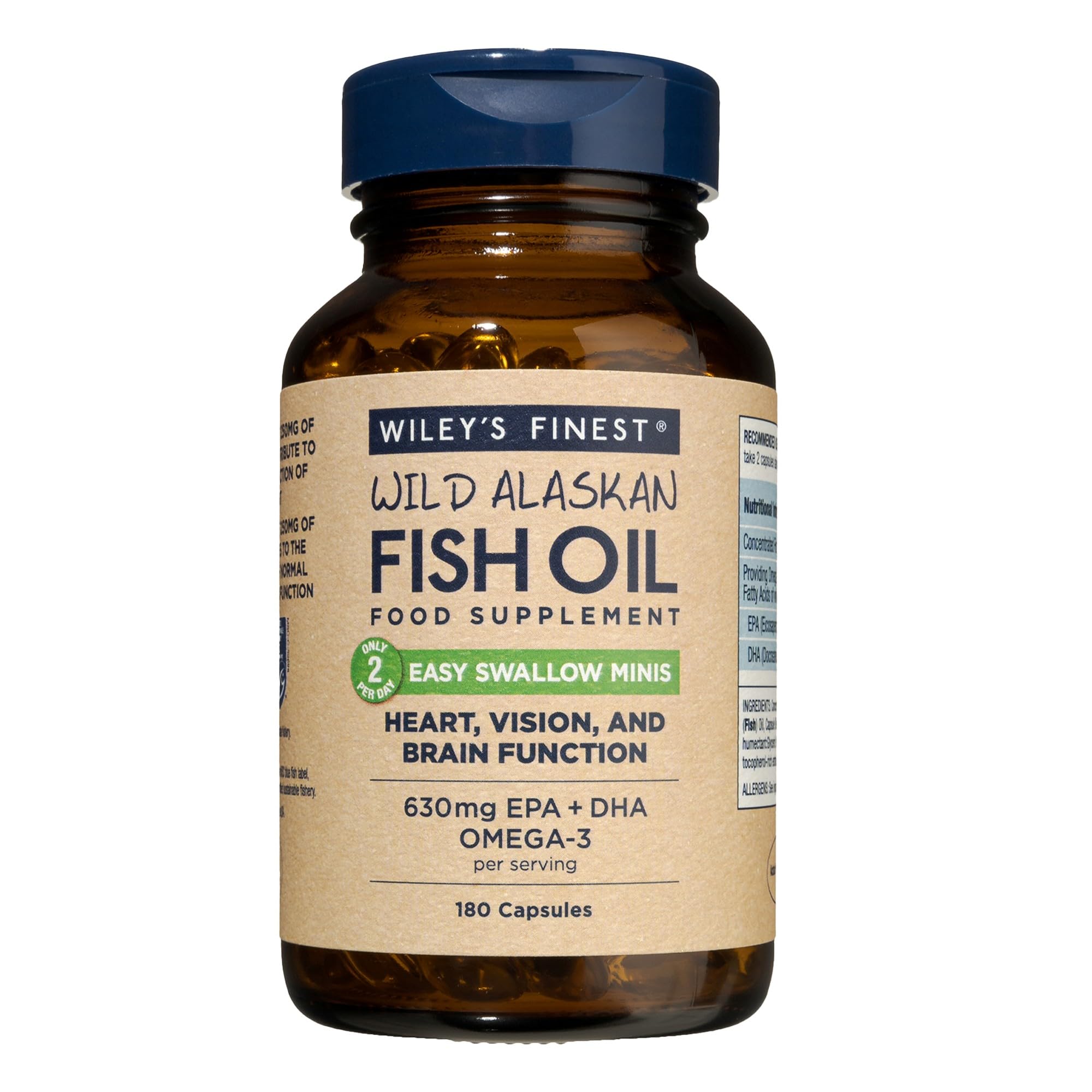 Wiley's Finest Wild Alaskan Fish Oil Easy Swallow Minis - Omega-3 Fish Oil Supplement for Adults and Kids - Double-Strength 630mg EPA and DHA Natural Supplement - 180 Mini Softgels (90 Servings)