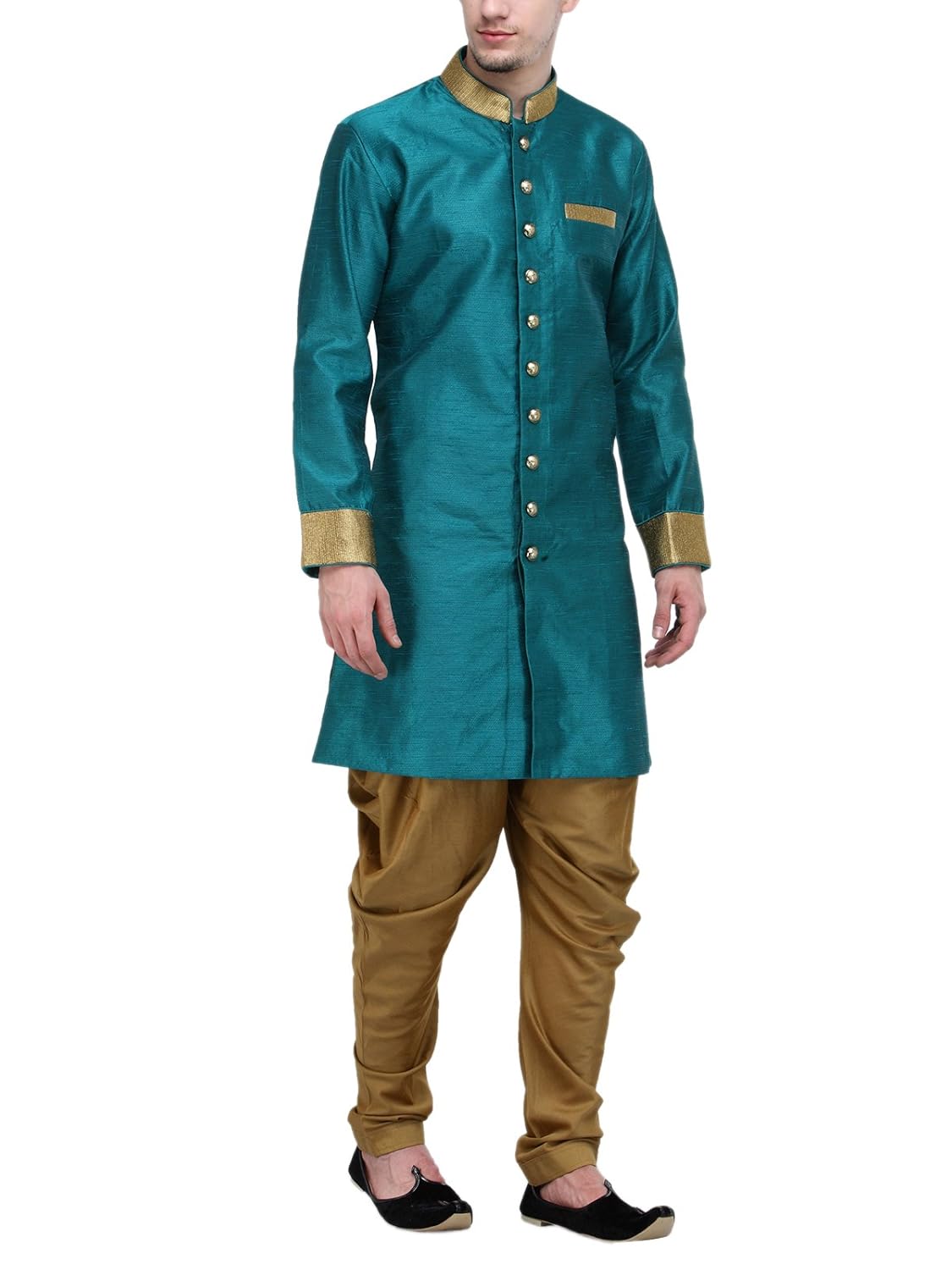 rg designers rama and gold plain sherwani for men