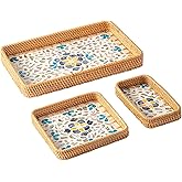 Hand-Woven Rectangular Rattan Tray Set of 3, Natural Bamboo with Colorful Base - Boho Style Serving Trays for Kitchen, Dining Table & Home Decor, Vintage Woven Decorative Plates
