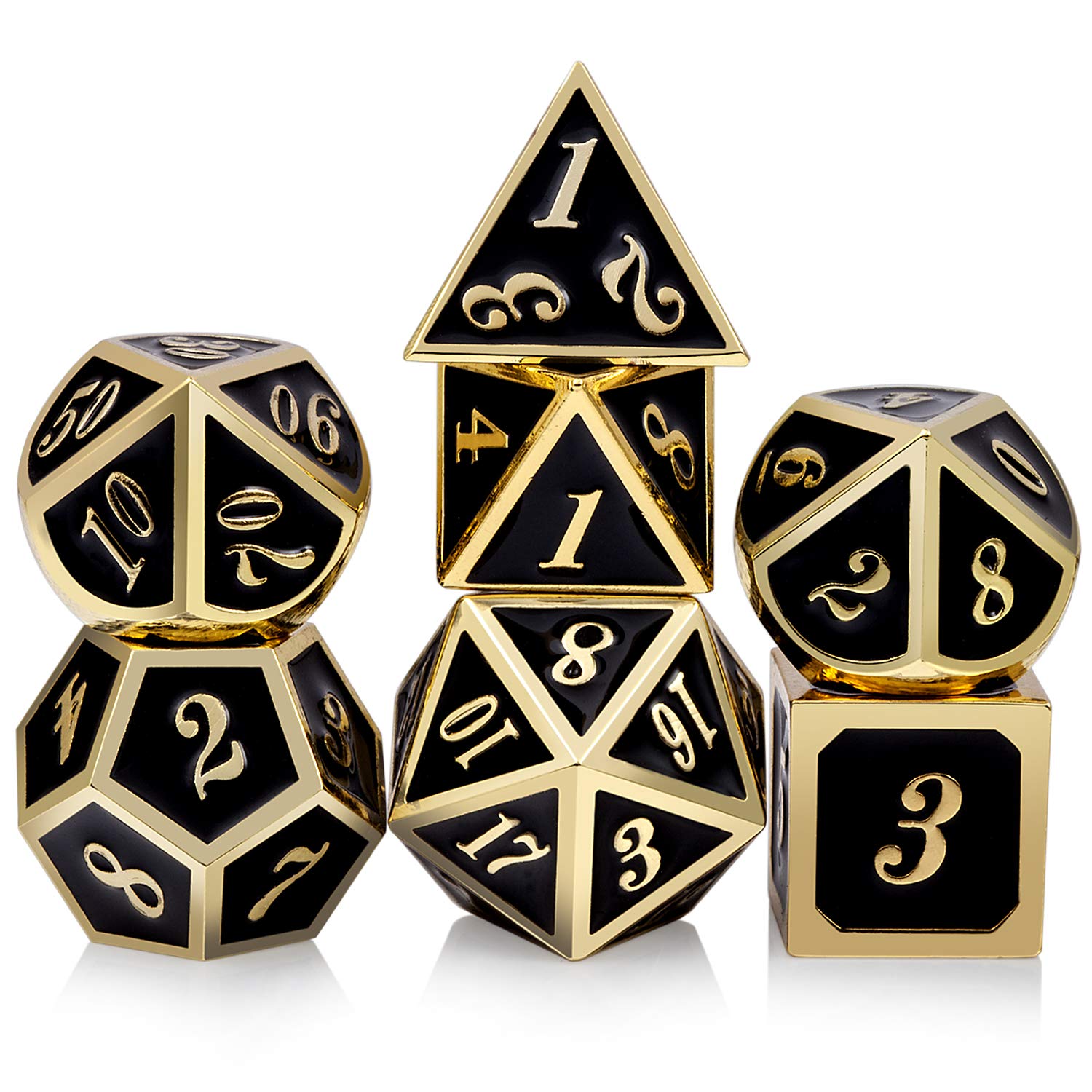 DNDND Metal Dice Set D&D, 7 die Metallic Polyhedral Dice Set with Gift Metal Box and Gold Number for DND Dungeons and Dragons Role Playing Games (Black and Gold) — image 1