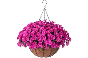 HOPPWODD Artificial Fake Hanging Outdoor Flowers Plants Basket for Spring Decoration, Faux Silk Morning Glory Petunia in Planter UV Resistant Realistic for Outside Home Porch Patio Balcony Garden