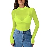 BemorRun Floral Mesh Long Sleeve Tops for Women Mock Neck See Through Fitted Sexy Going Out Top