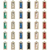 FASHEWELRY 36Pcs Gold Zinc Alloy Pave Rhinestone Crystal Charms Bulk Rectangle Faceted Glass Charms Mixed Color Mini Pendants for Necklace Earring Bracelet Jewelry Making Supplies