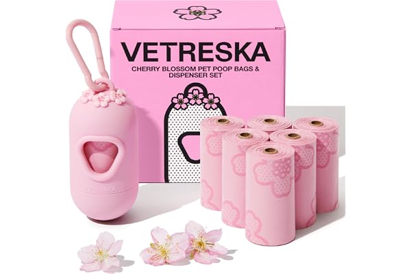 VETRESKA Dog Poop Bag Dispenser with Cherry Blossom Scented Bags, Leak Proof, Extra Thick Waste 1 Count Holder and 105 Bags f