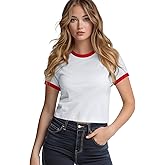 Zengjo Ringer Tee Women Crewneck Short Sleeve Plain Retro T-Shirt Crop Top