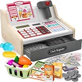 maysida Kids Cash Register with Scanner, Counting Cash Register Toys | Pretend Play Wooden Cash Register Toy for Kids with Fake Money, Food, Credit Card, Kids Boys Girls Age 3+ 4-8