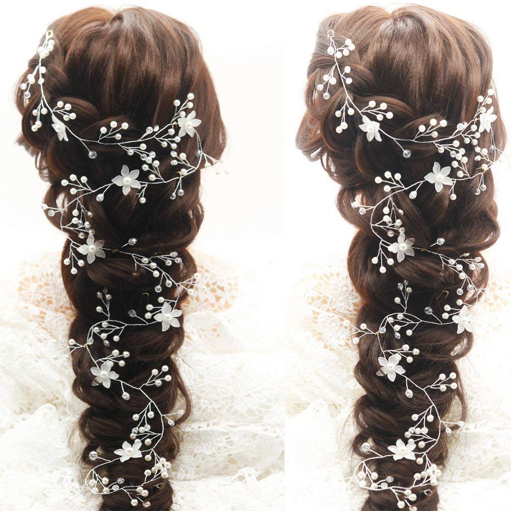 Chargances Wedding Hair Vine Long Bridal Headband Pearl Accessories for Bride and Bridesmaid Flower Headpiece (100cm / 39.3inches)