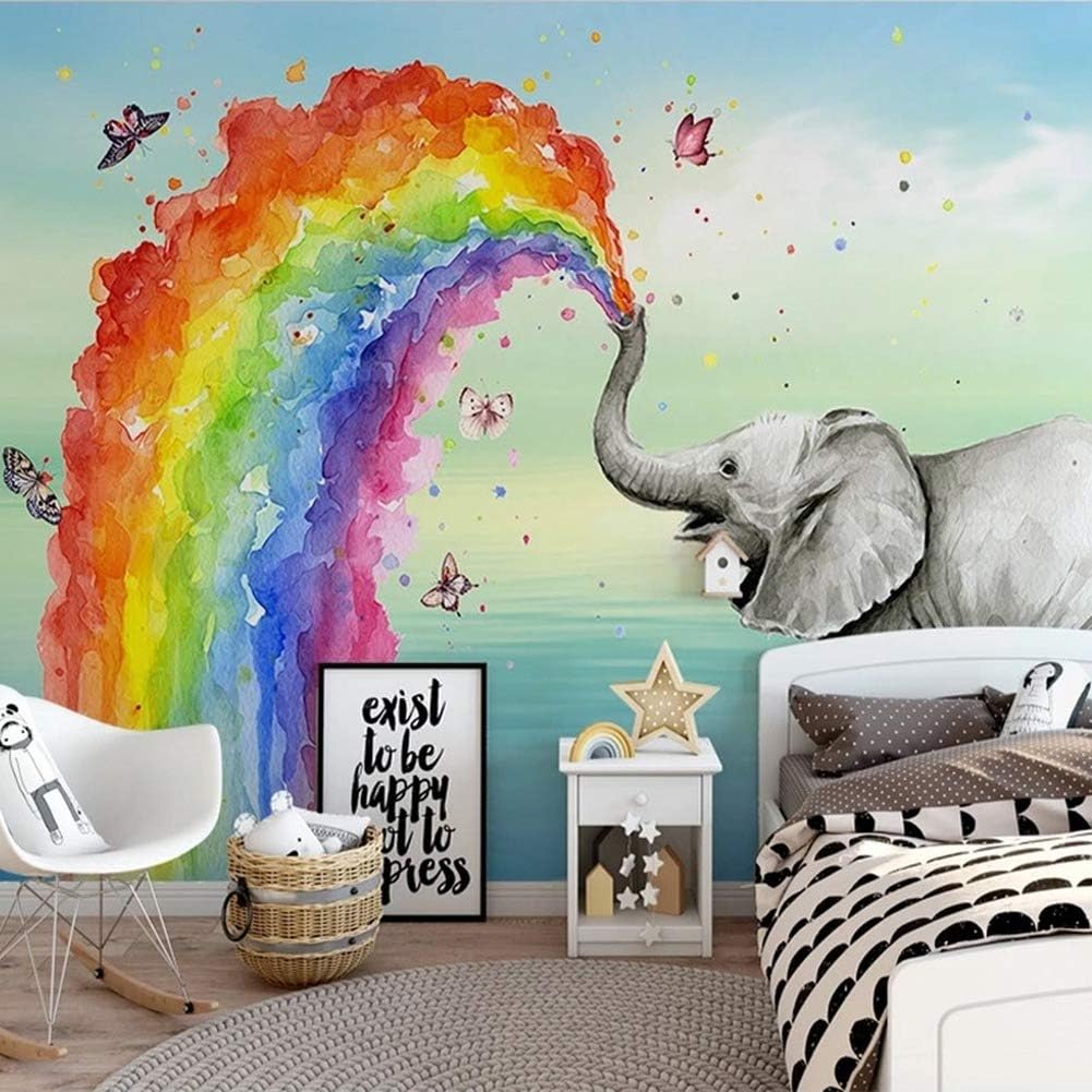 Panany Wandbild mit Tiermotiven, handbemalt, Cartoon-Regenbogen-Elefant
