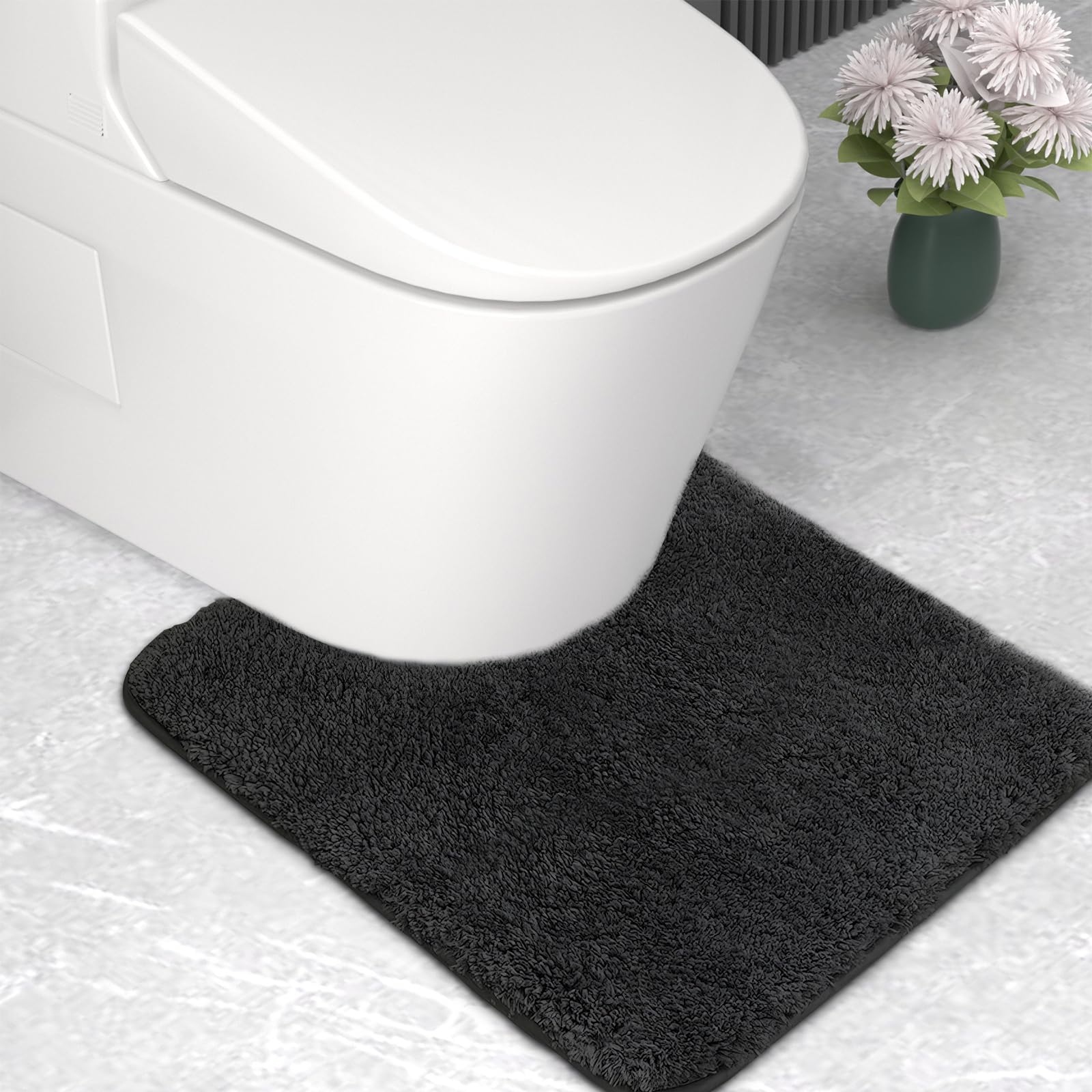 wyewye Microfibre Bath Mat, Toilet Mat, 2cm Super Thick Bath Rug, Super Absorbent Bathroom Rug 50x50cm U-shape, Black