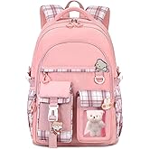 PRLINJSK Girls Backpack，Cute School Backpack for Girls Kids Teens，Kawaii Bookbag for Primary Elementary，Pink