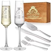 VARLKA 25th Anniversary Champagen Flutes Wedding Gifts for Couple, 25th Birthday Anniversary Decorations, Silver Cake Cutting Set for Wedding 25th Anniversary Presents