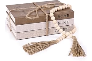 suruim Linen Covered Decorative Books, Set of 3 - Neutral Home Decor Coffee Table Books with Wooden Beaded Tassel for Rustic Farmhouse Modern Decor, Bookshelf Decor, Boho (Brown)