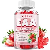 YUULAI EAA Gummies Essential Amino Acids - All 9 Essential Aminos (EAA) and All Branched-Chain Aminos (BCAAs) for Muscle Recovery, Energy Support, Strawberry Flavor, 60 Count