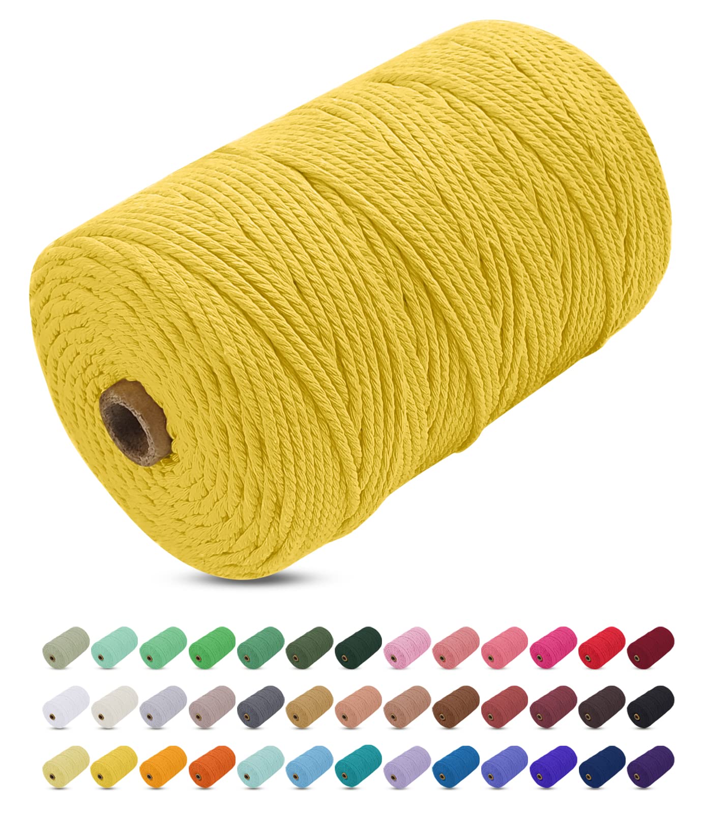 Uiopa Macrame Cord 3mm x 200m, Thick Macrame Rope Yarn Soft Natural Cotton Cord, Coloured 4-Ply Macrame String for DIY Craft, Plant Hangers, Wall Hanging, Christmas Decorations (Yellow)