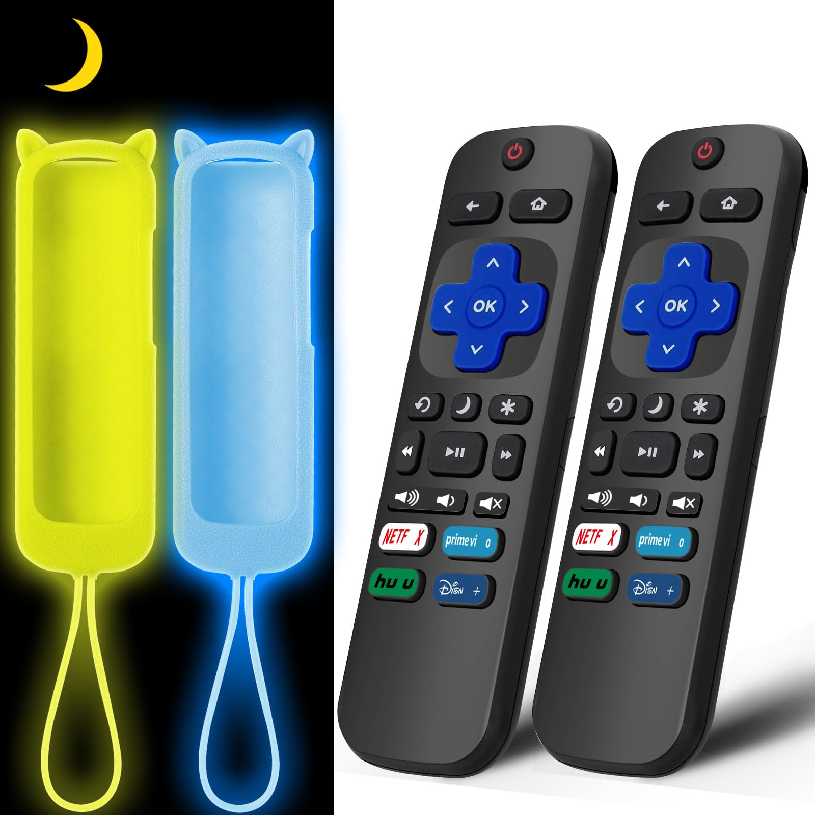 Photo 1 of (2+2 Packs) Replacement Remote for Roku TV with Soft Protective Silicone Cover(Glow in The Dark), Universal Remote for TCL Roku/Onn Roku/Hisense Roku/Sharp Roku/Element Roku/Philips Roku Smart TV