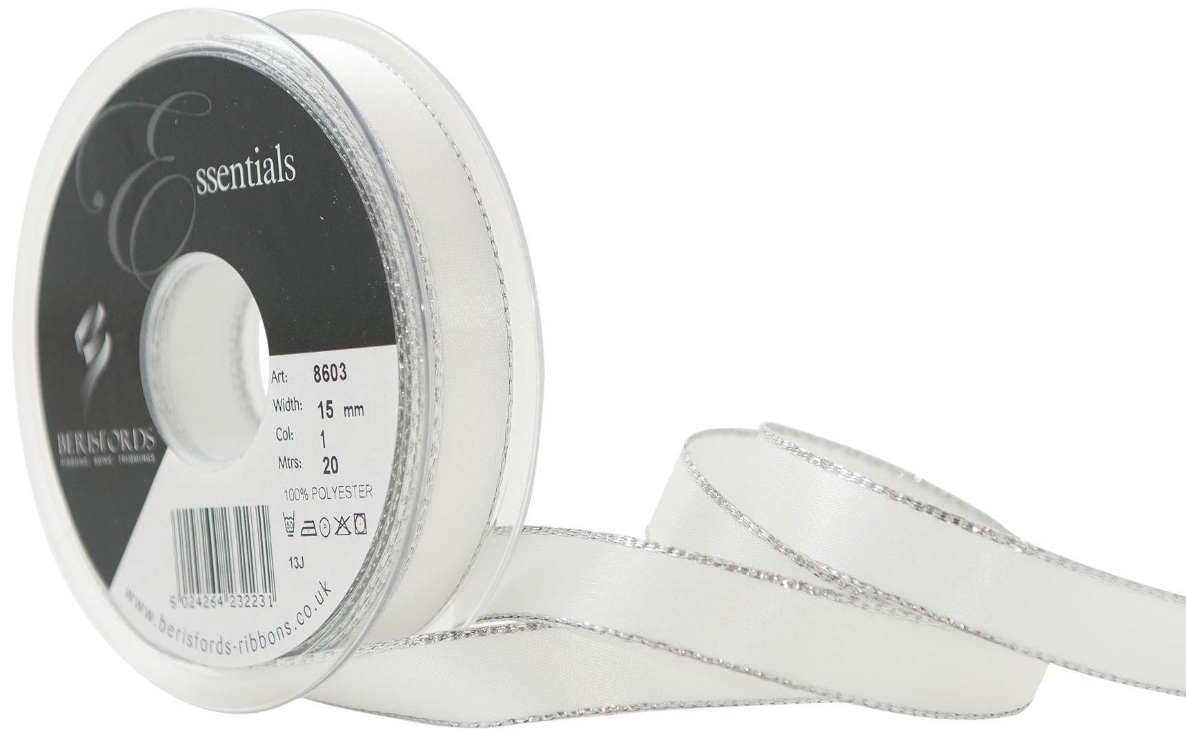 Berisfords 15 mm Silver Edge Satin Ribbon, White
