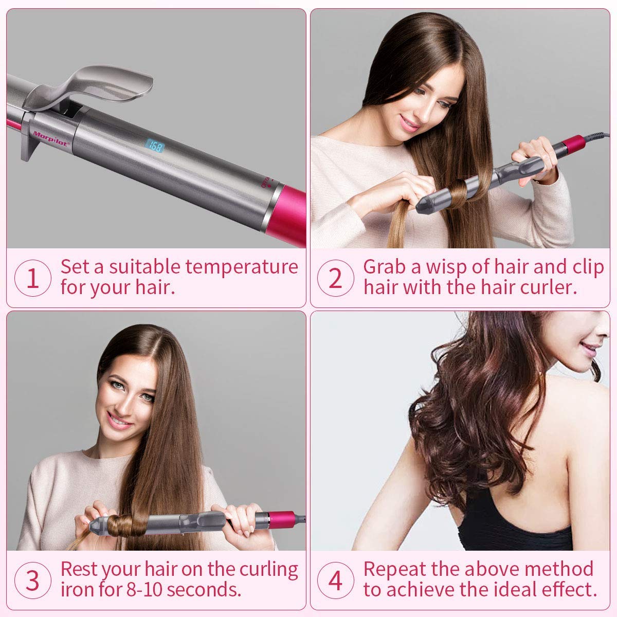 Morpilot Curling Iron, Dual Voltage Hair Curling Wand Automatic Rotating Wand Curling Iron with Anti-scalding Insulated Tip, Ceramic Technology with LCD Temp Display Include Heat Resistant Glove