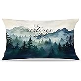 FITIE Foggy Forest Christian Pillow Covers 12x20, Christian Room Home Decor, Religious Psalm 23:3 Bible Verse Scripture Decorative Lumbar Pillow Covers, Religious Gifts for Women Men