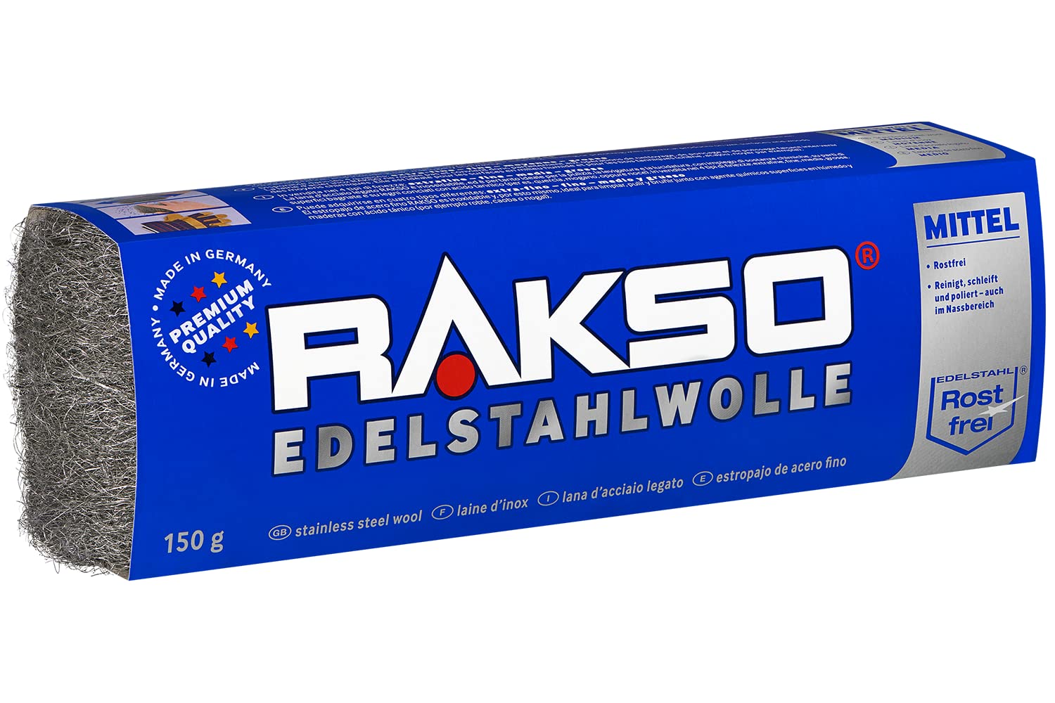 RAKSO Stainless Steel Wool Medium - 150 g, 1 Banderole, Rustproof, Removes Stubborn Deposits from Tiles, Ceramics - Floors in Wet Areas