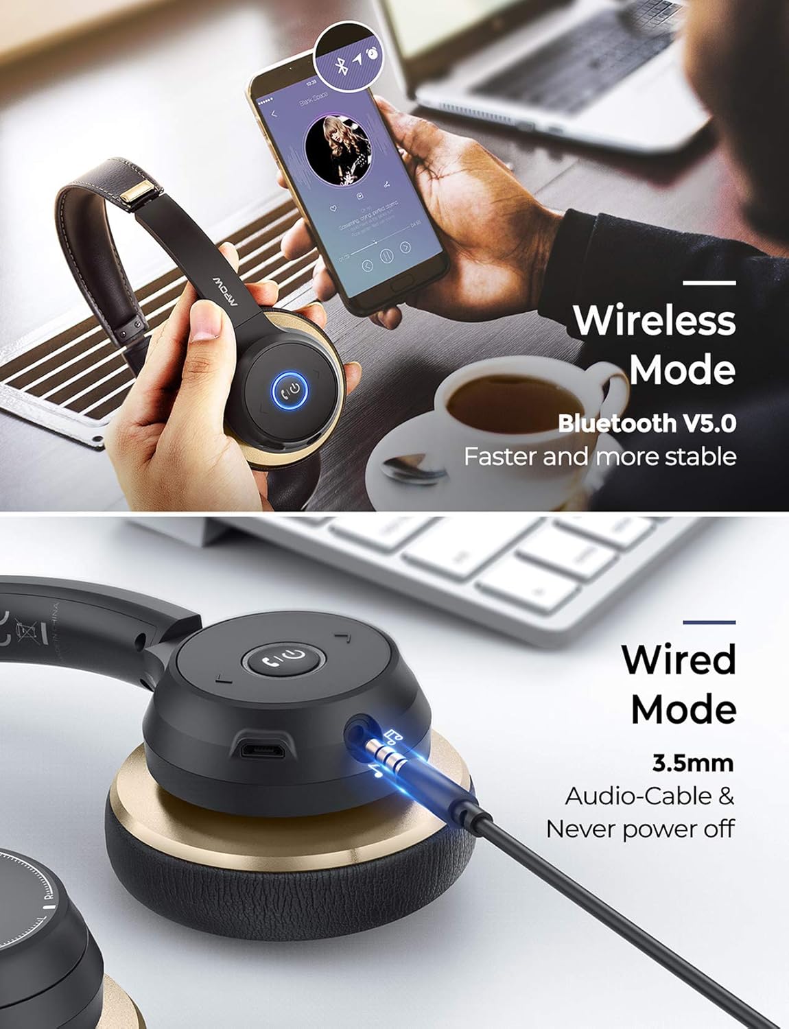 Mpow Bluetooth Headset V5.0 with Dual Microphone, Wireless PC Headphones,CVC8.0 Noise Canceling, On Ear for Computer,Cell Phone, Call Center, Office, Skype, 22 H Talk Time,Soft Earpad (Wired Optional): Electronics