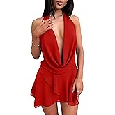 GOKATOSAU Women's Sexy Halter Plunge V Cowl Neck Low Open Back Irregular Ruffle Hem Mini Dress